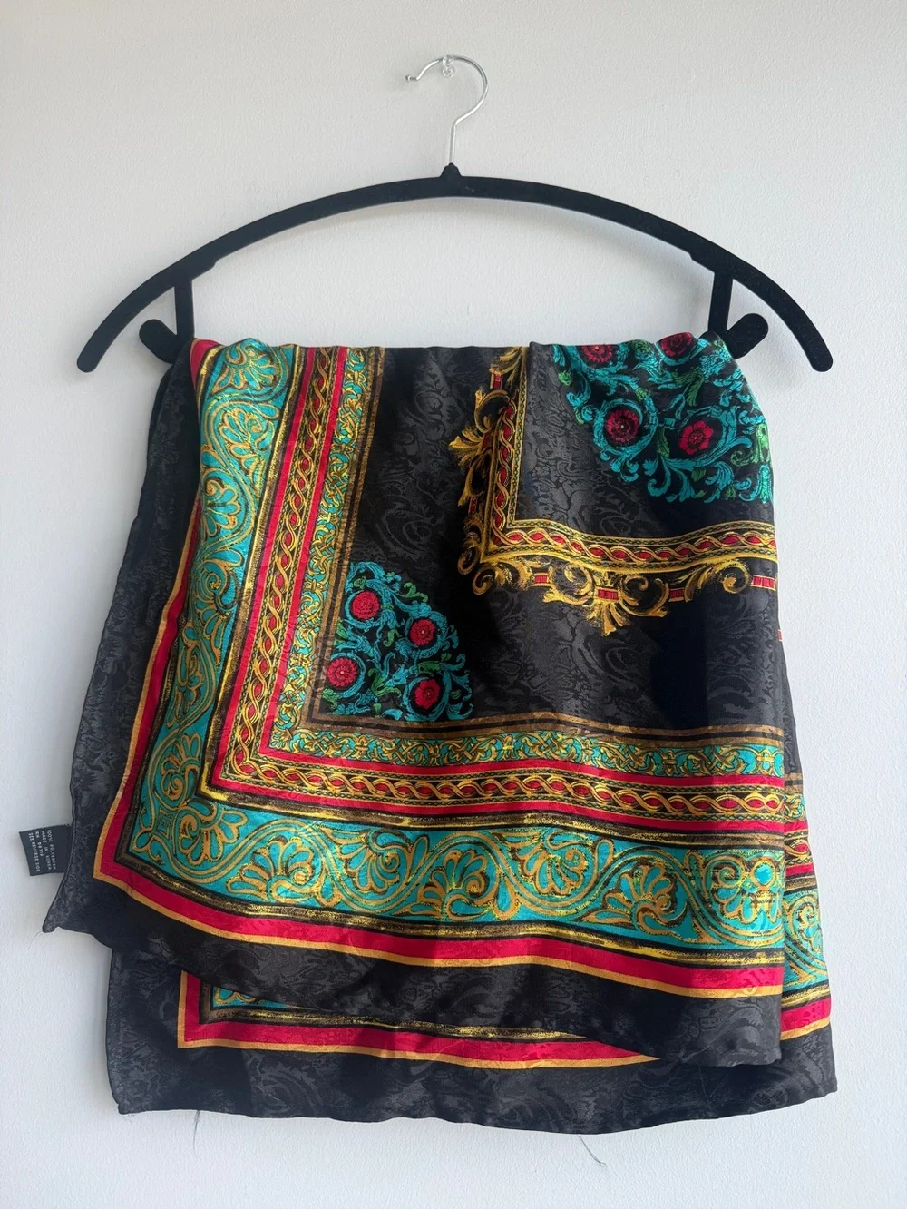 Vintage Collectible Ornate Gold Black Base Floral Red Teal Scarf